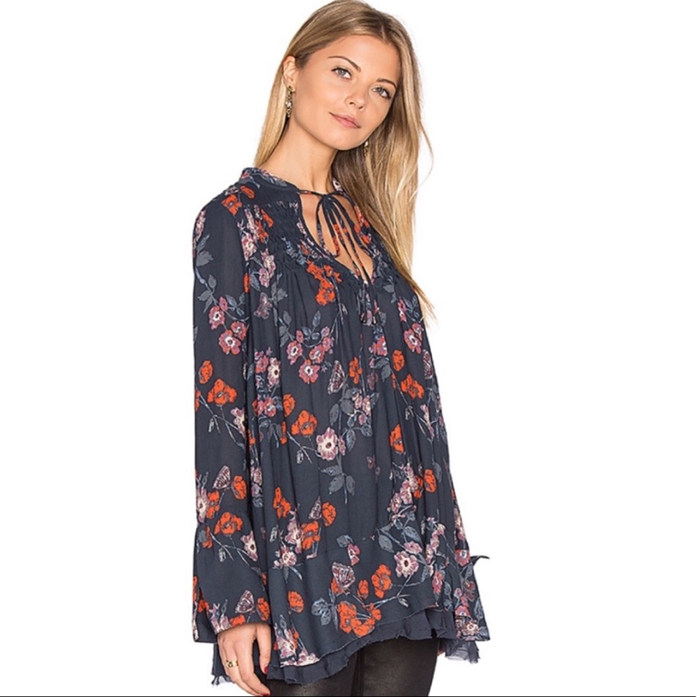 Free People 'So Fine' Navy Floral Tunic Blouse